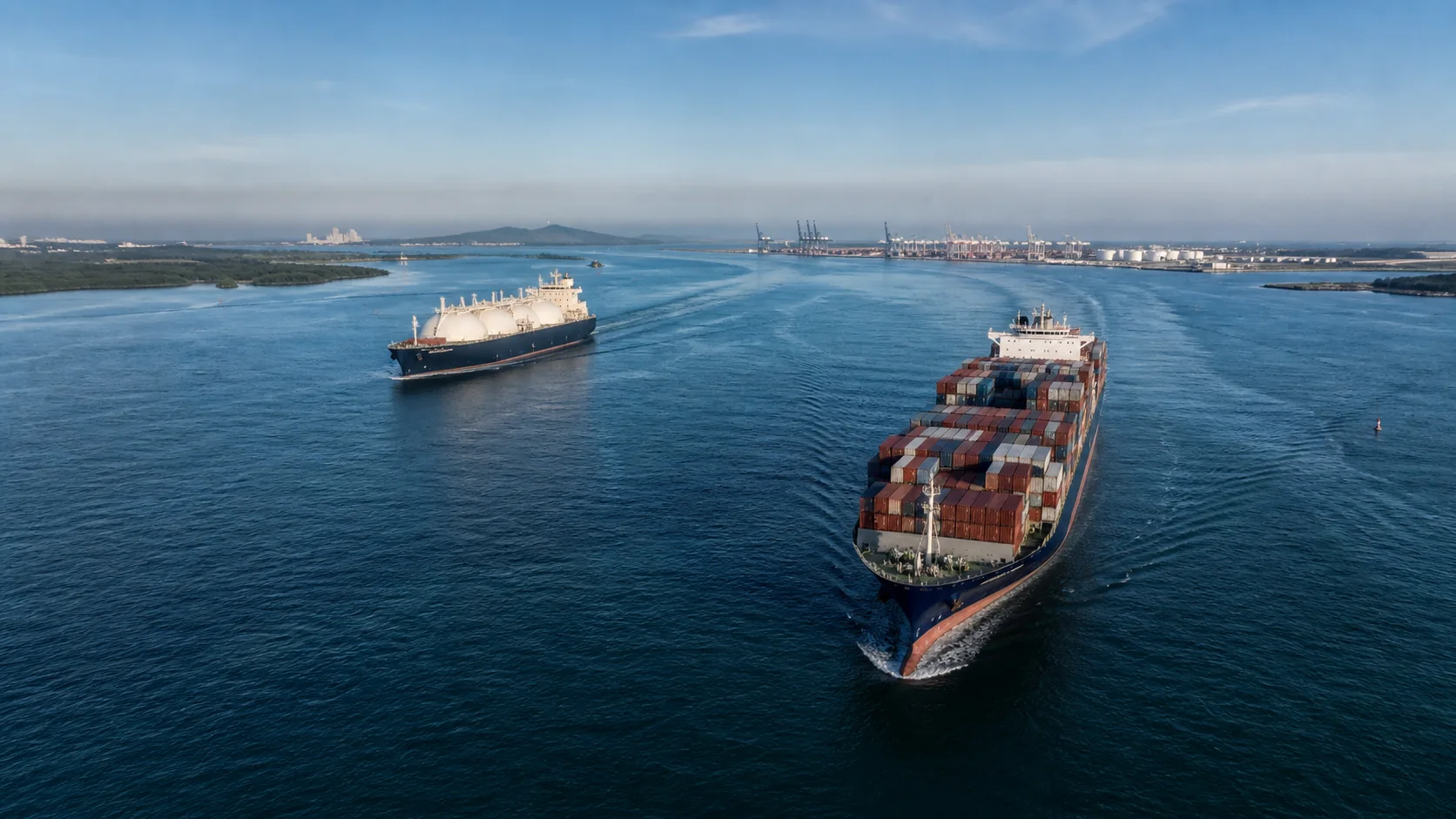 Commercial vessels navigating an international shipping lane near an industrial coastline
