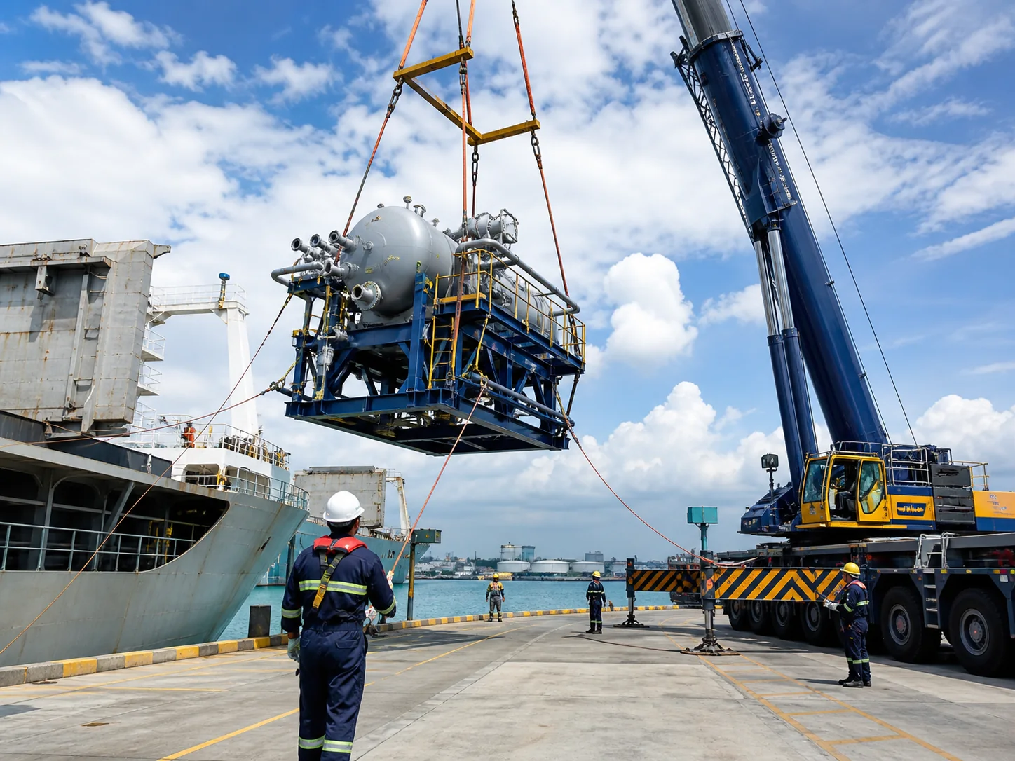 Heavy process module lifted safely by a mobile harbour crane