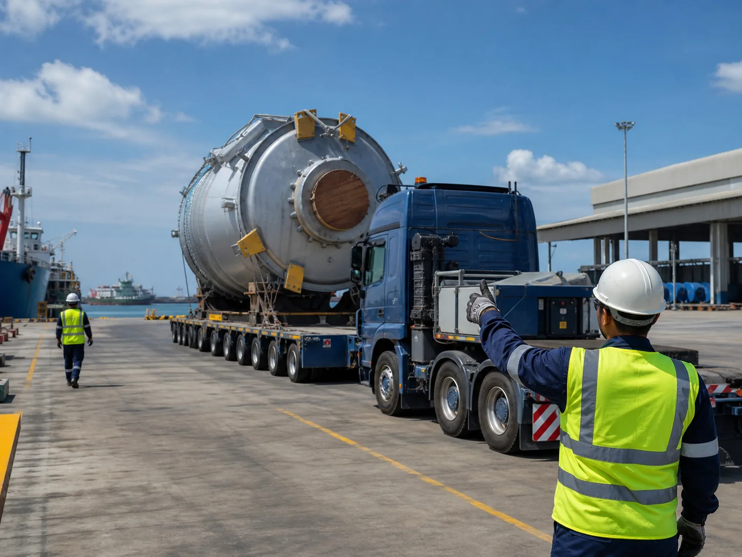 Oversized industrial equipment transported by a multi-axle trailer