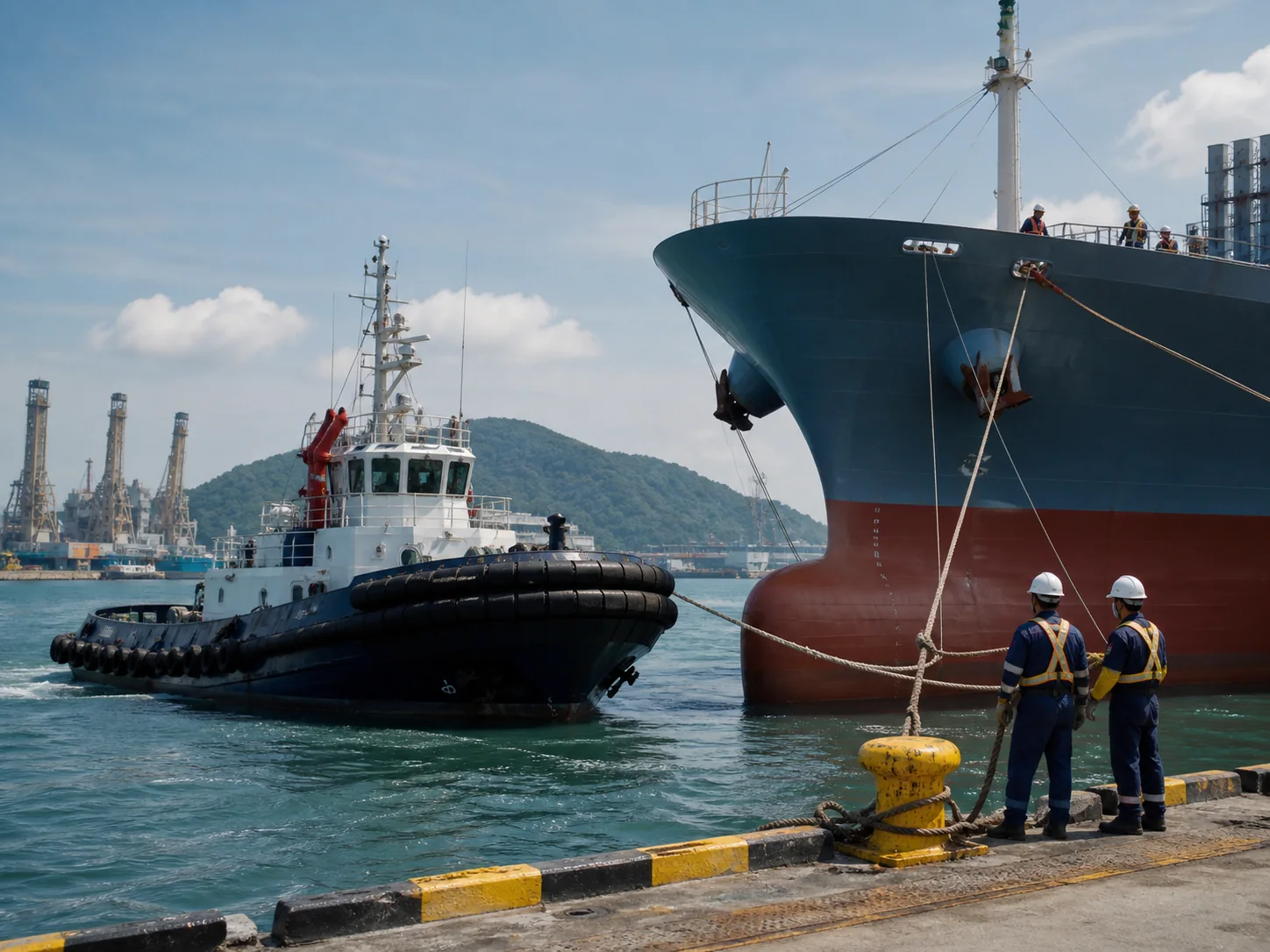 Tugboat assisting a cargo vessel during marine operations