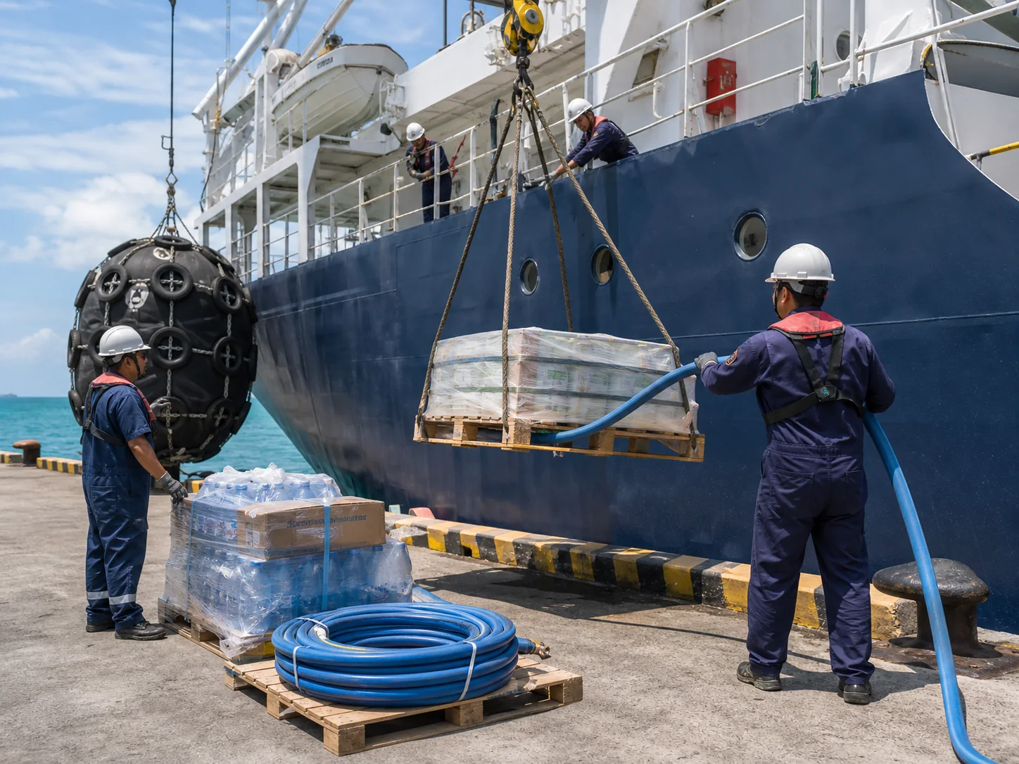 Marine supplies being delivered safely to a vessel at berth