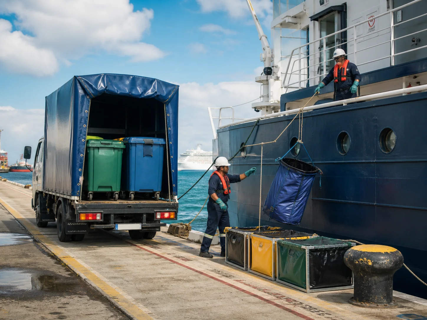 Responsible ship-side waste collection at an industrial port